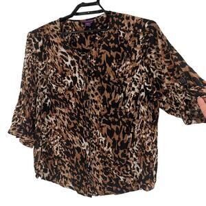 Beverly Drive Leopard Print Button Blouse 2X Roll Tab Boho Neutral Office Brown